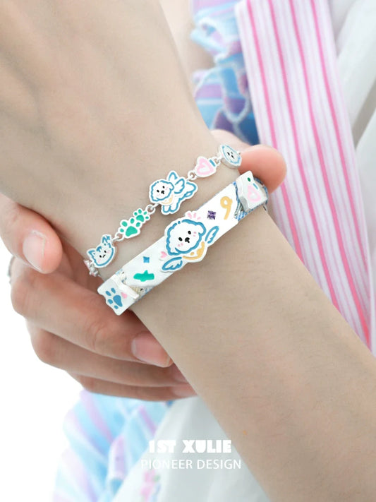 Colorful angel cat and puppy bracelet set with cute designs for playful pet lovers