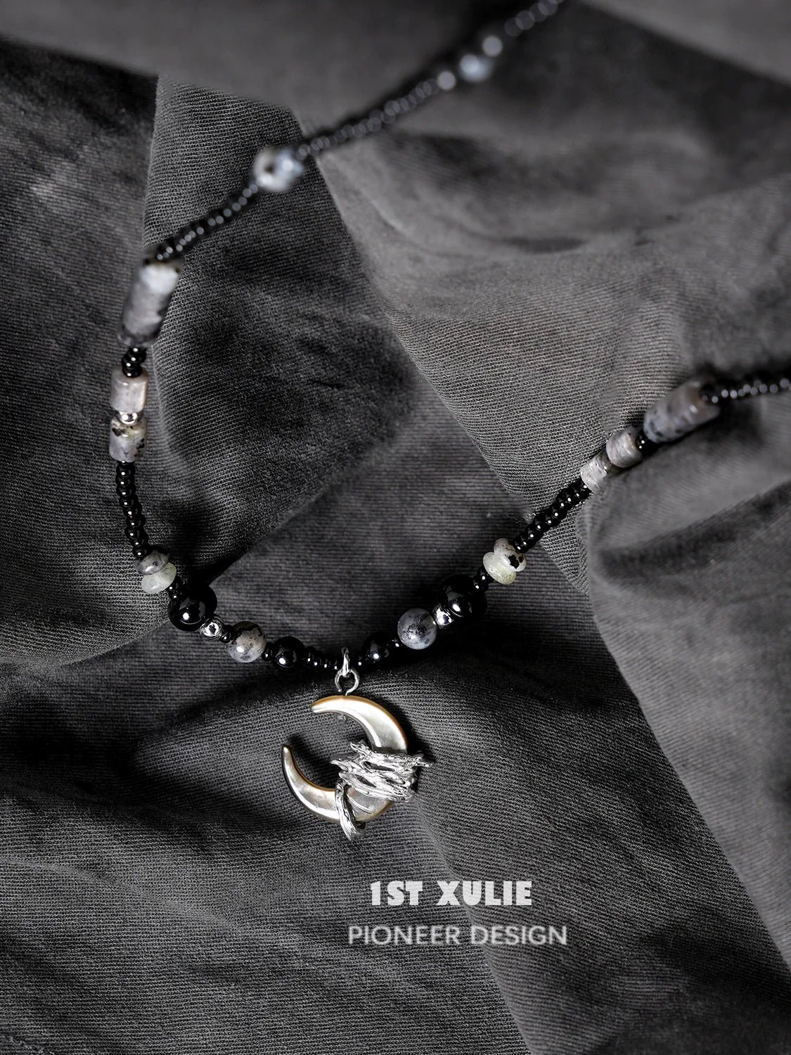 1ST XULIE Black Moon Agate Necklace with Unique Silver Crescent Moon Pendant