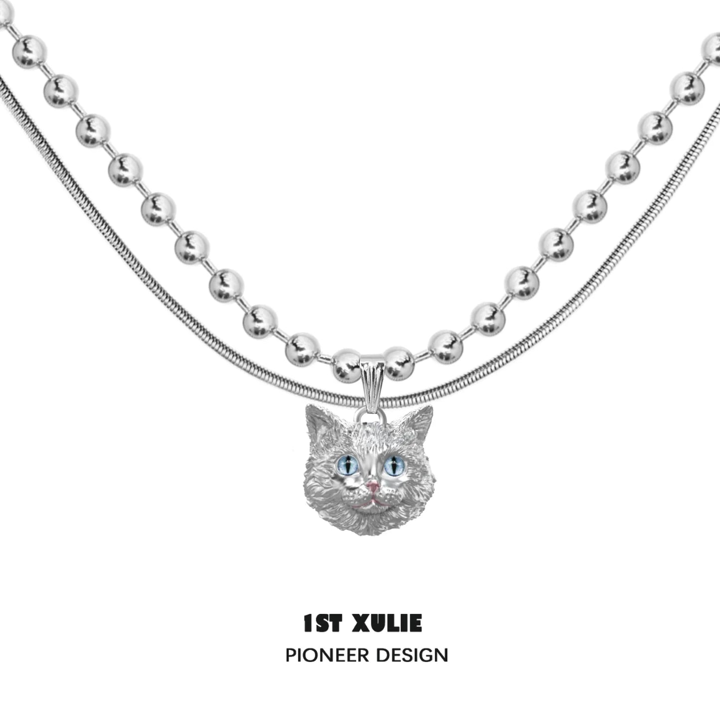 1ST XULIE Cat Crown Necklace featuring a silver cat head pendant with blue eyes on dual chains