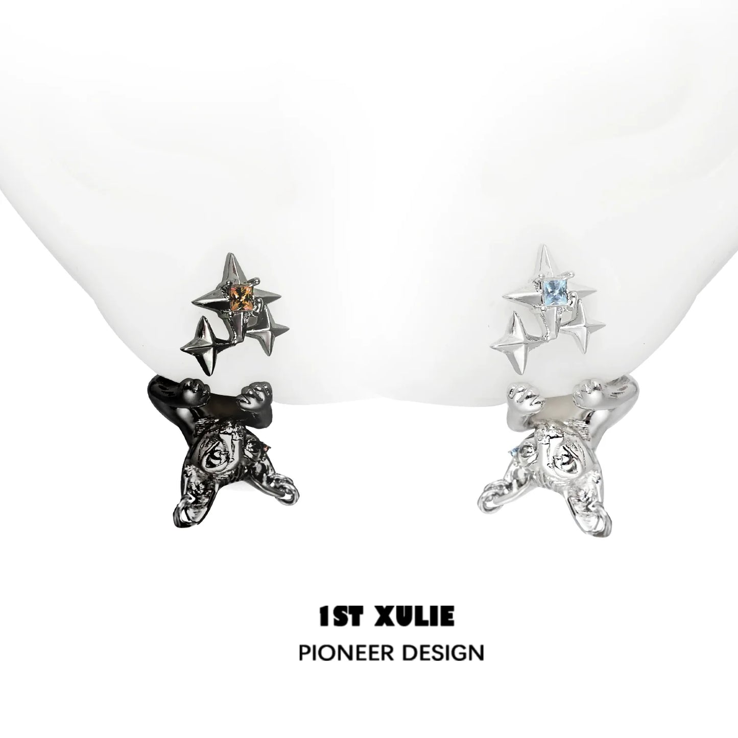 1ST XULIE Cat Star Stud Earrings in Silver and Black with Shiny Gem Details
