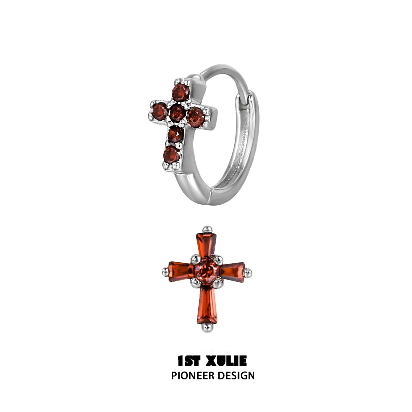 Crimson cross gothic earrings with sparkling red stones and sleek silver design from 1STXULIE