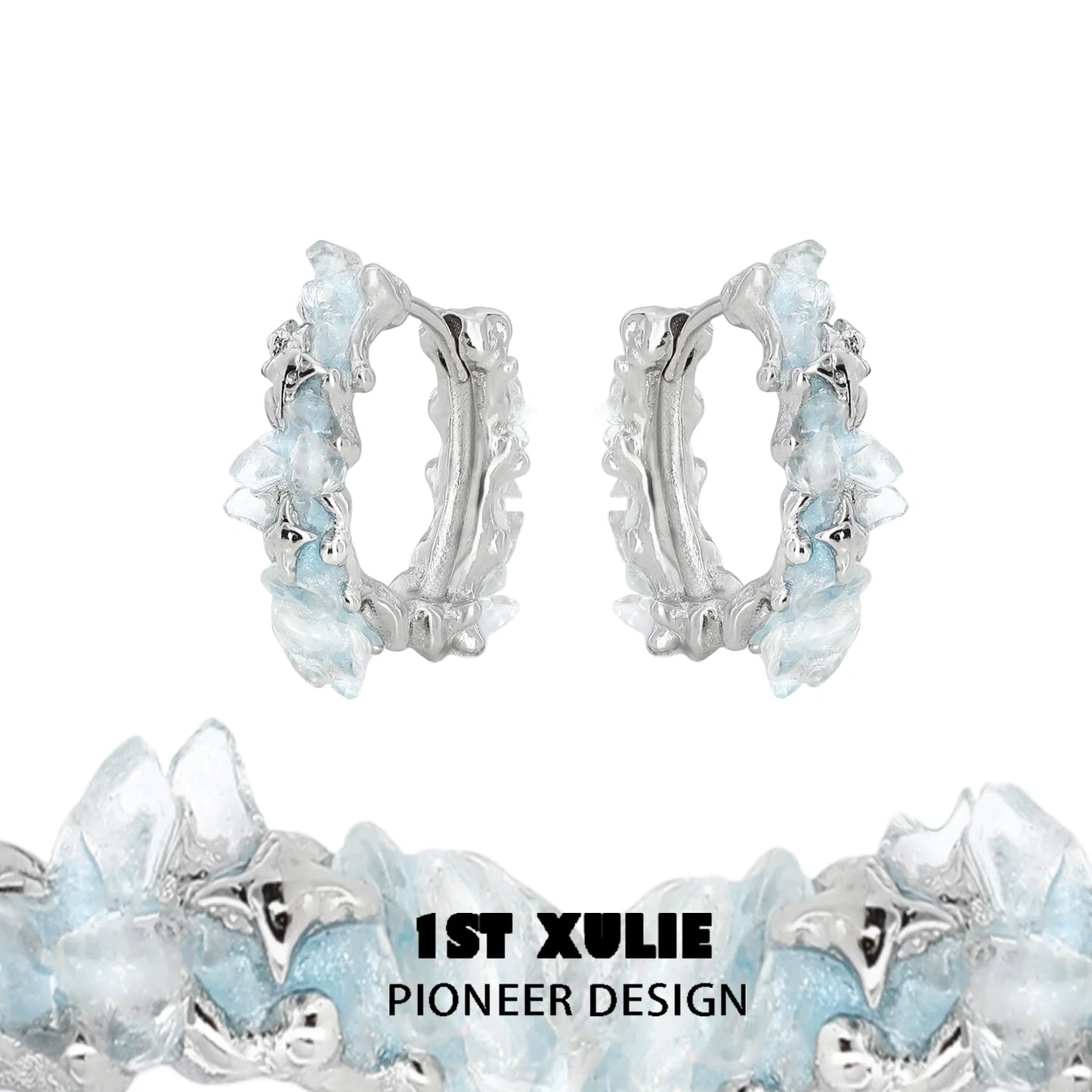 Frozen blue crystal ear cuffs by 1ST XULIE with elegant silver accents and unique design