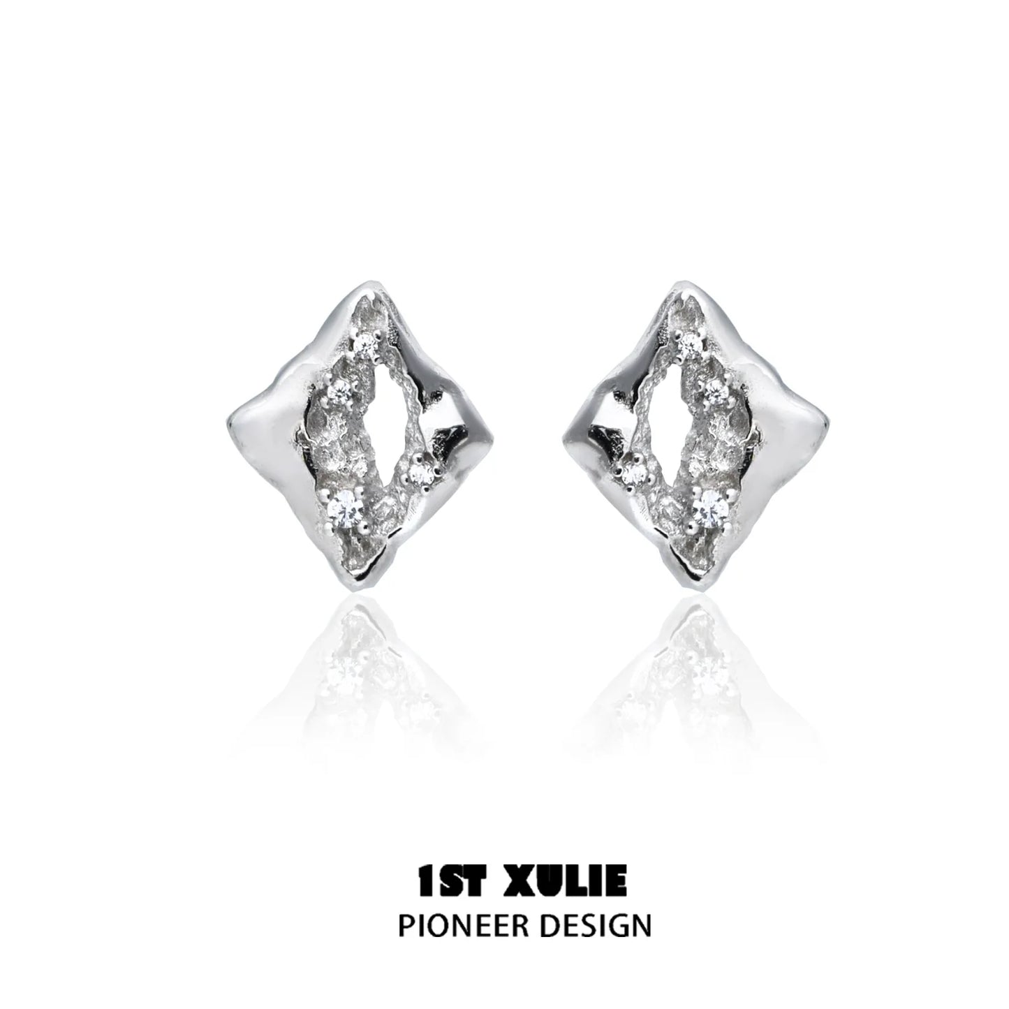 Geometric silver earrings with a unique diamond shape and textured finish for a stylish look