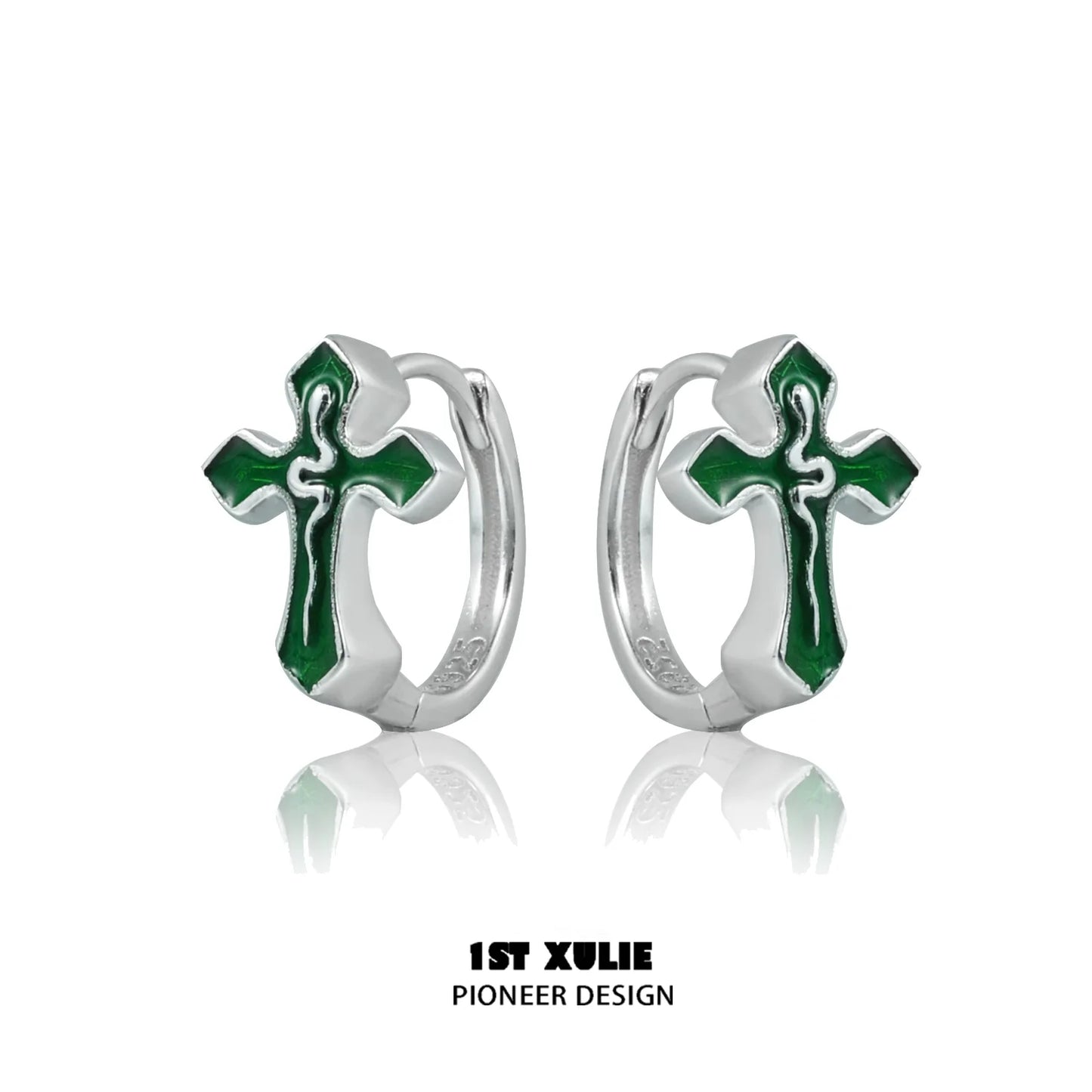 Gothic snake cross earrings with silver finish and green enamel accents for a unique style