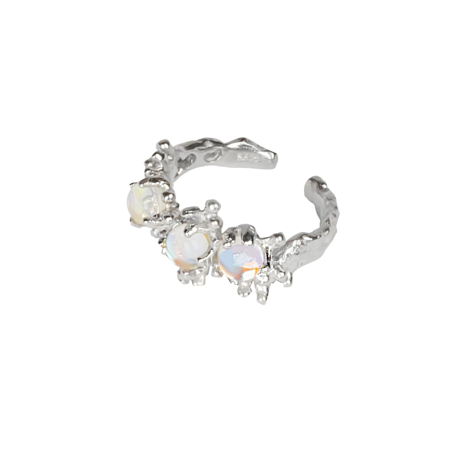 Stylish moonstone silver ring featuring an elegant design with three shimmering stones