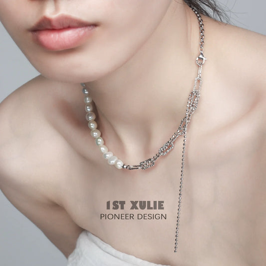 Stylish pearl fringe collarbone chain necklace featuring a mix of pearls and metal chains