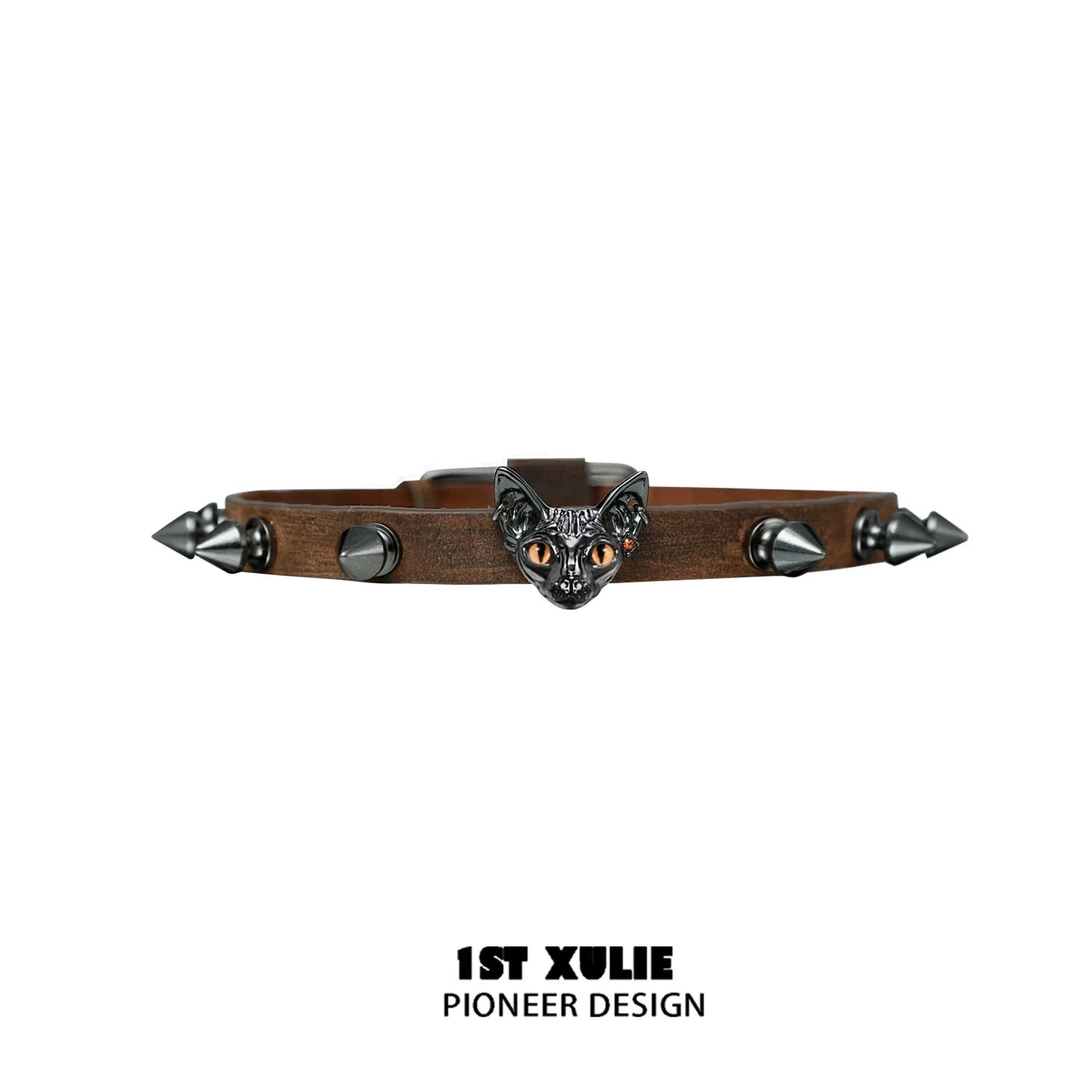 Punk cat studded choker with spikes and a cat head design, perfect for a bold fashion statement