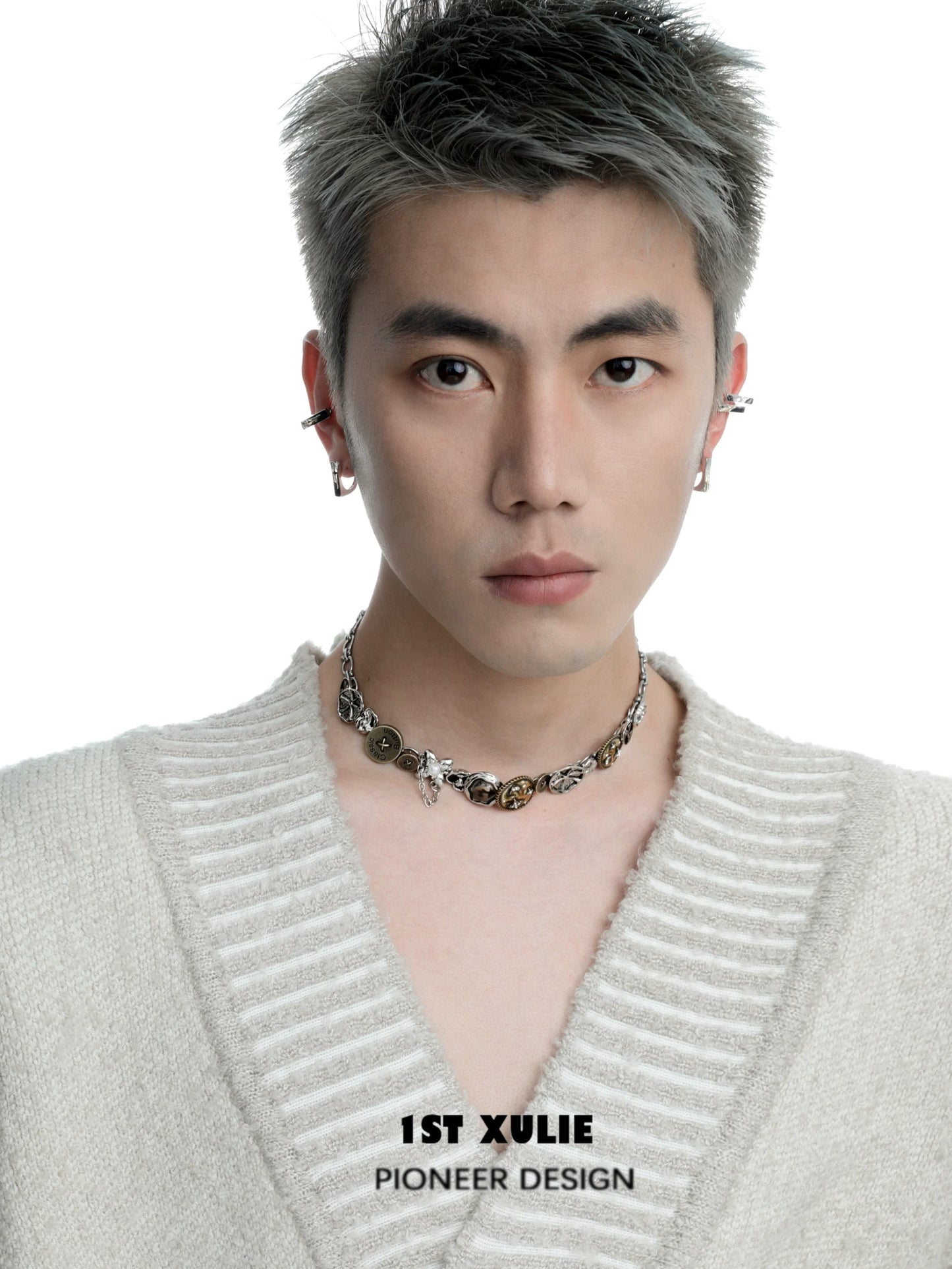 Stylish model wearing a retro button necklace that features unique vintage buttons
