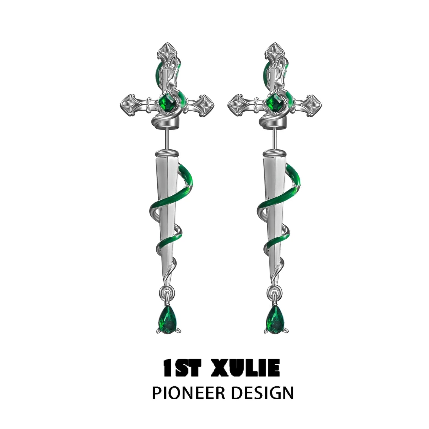 Slytherin inspired cross earrings with green gemstone accents and intricate design from 1ST XULIE