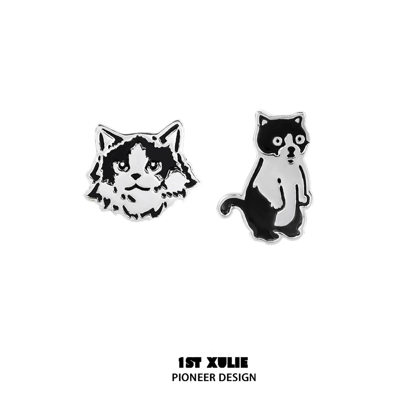 1STXULIE street art cat earrings featuring a bold black and white cat design