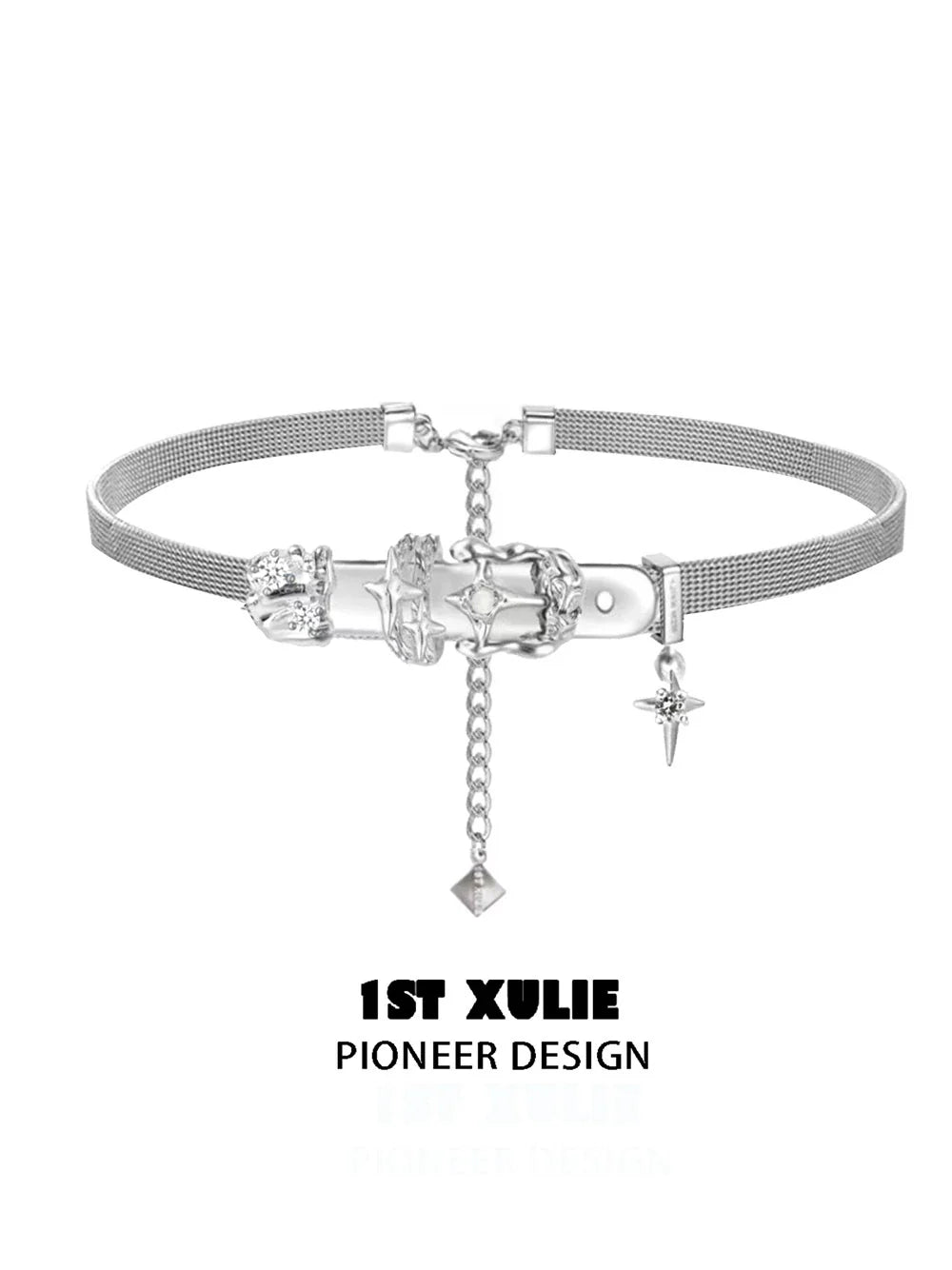 1ST XULIE Y2K belt buckle choker with a unique metal design and adjustable chain details