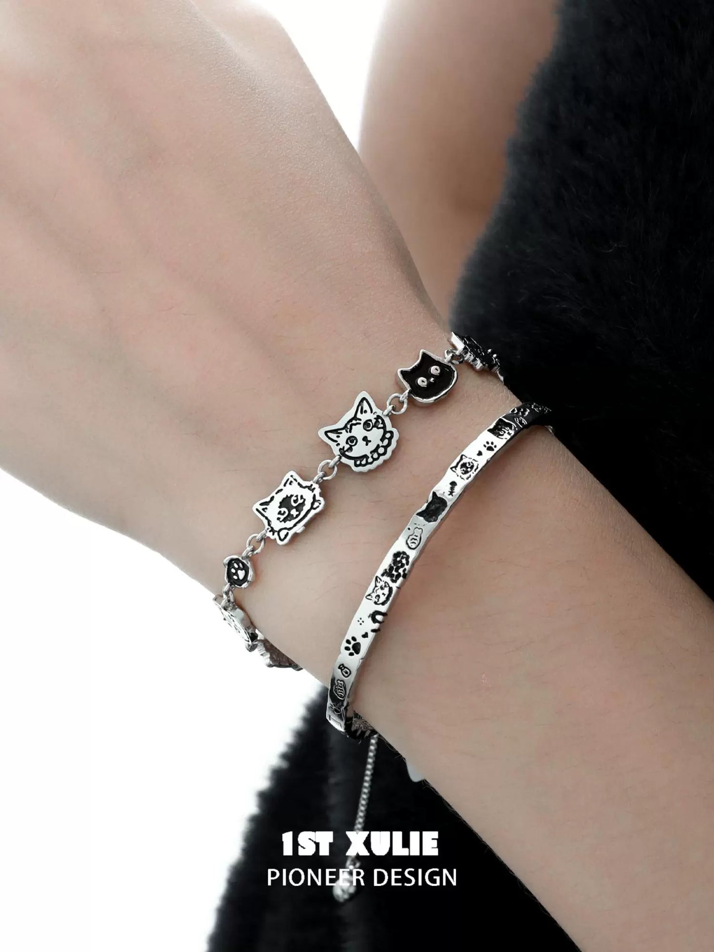 Happy Graffiti Cat Silver Bracelet