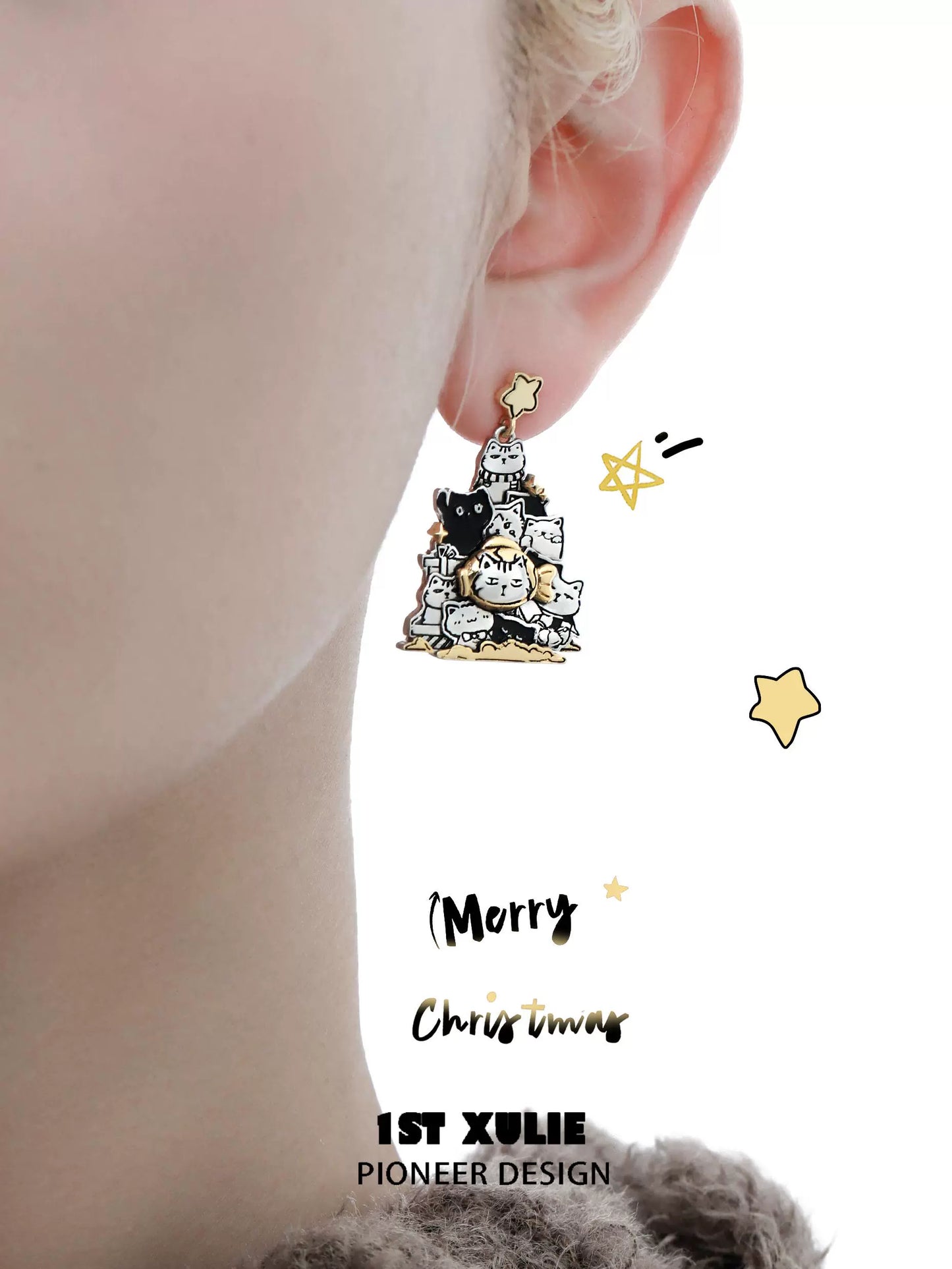 Cute Cat Family Silver Stud Earrings