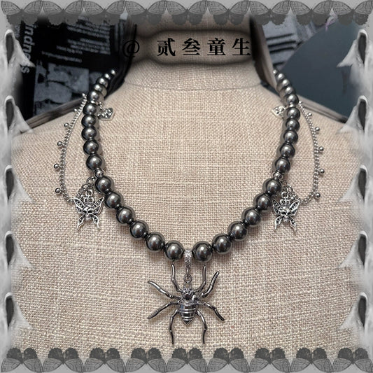 Necklaces-Ersan Tongsheng Original Grey Crystal Glass Pearl Spider Pendant Skull Pearl Splicing Punk Collarbone Chain