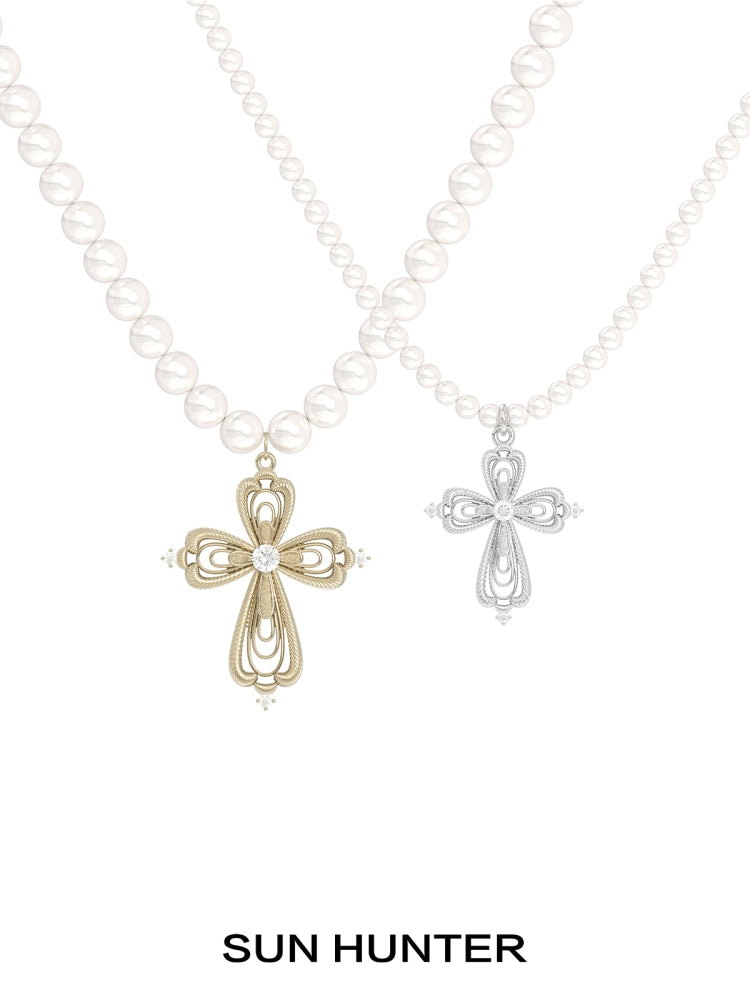Vintage Cross Pearl Clavicle Necklace