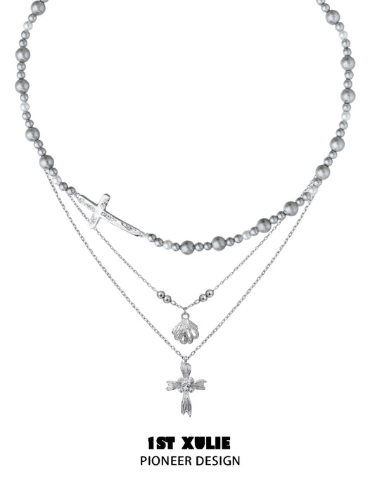 Necklaces-1STXULIE Gray Pearl Sterling Silver Necklace Does Not Fade Original Niche Design Premium Cross Double Clavicle Chain