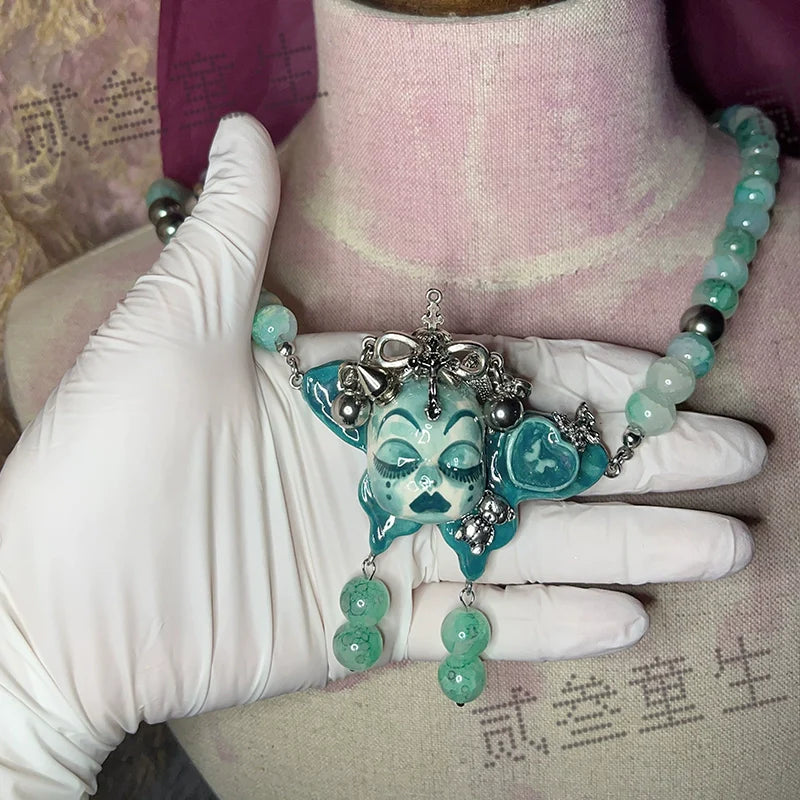 Gothic Cursed Doll Green Beaded Choker