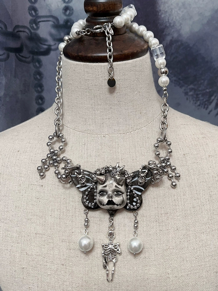 Gothic Dark Haunted Skull Doll Necklace
