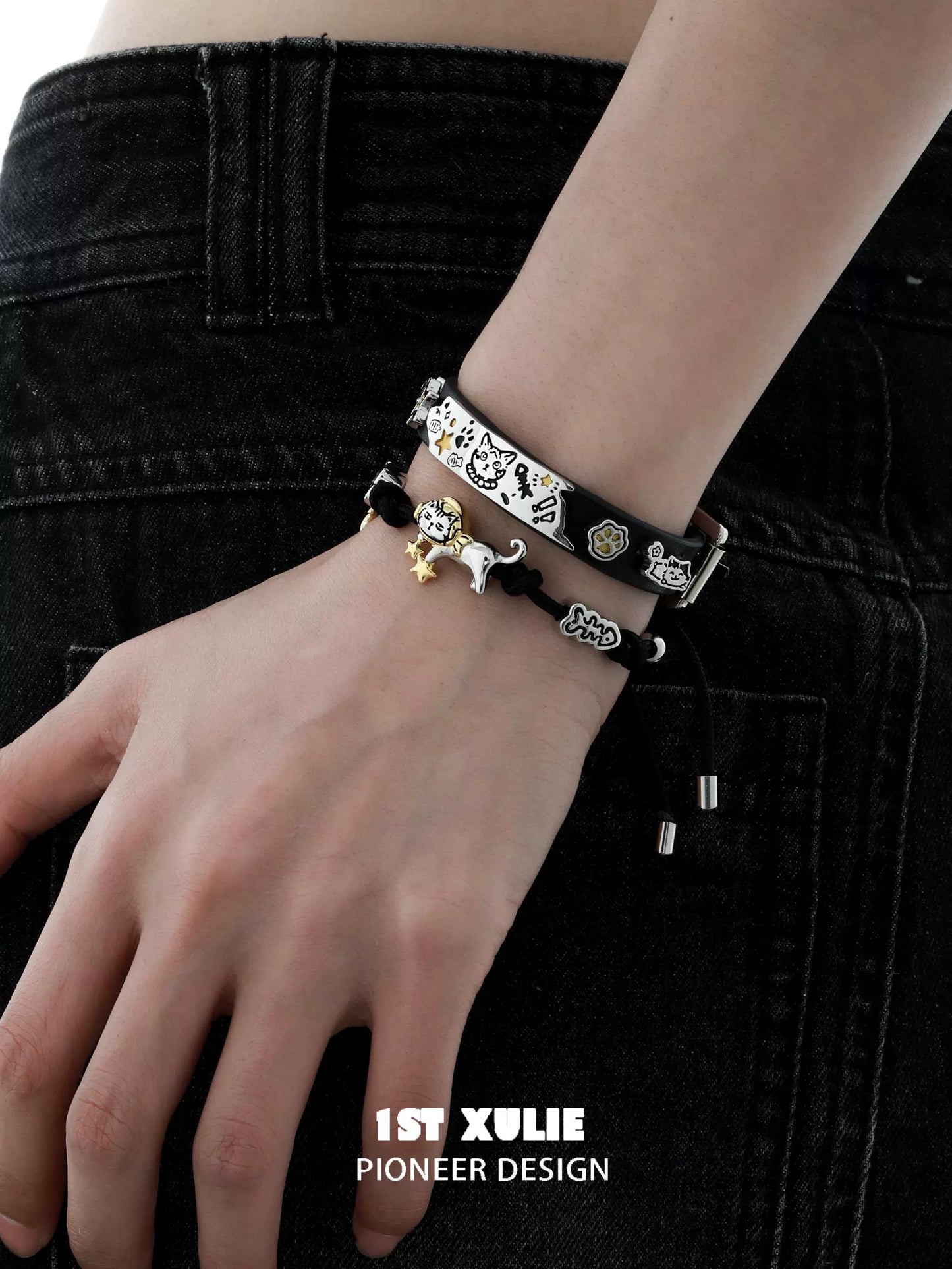 Black Cool Kitty Leather Bracelet