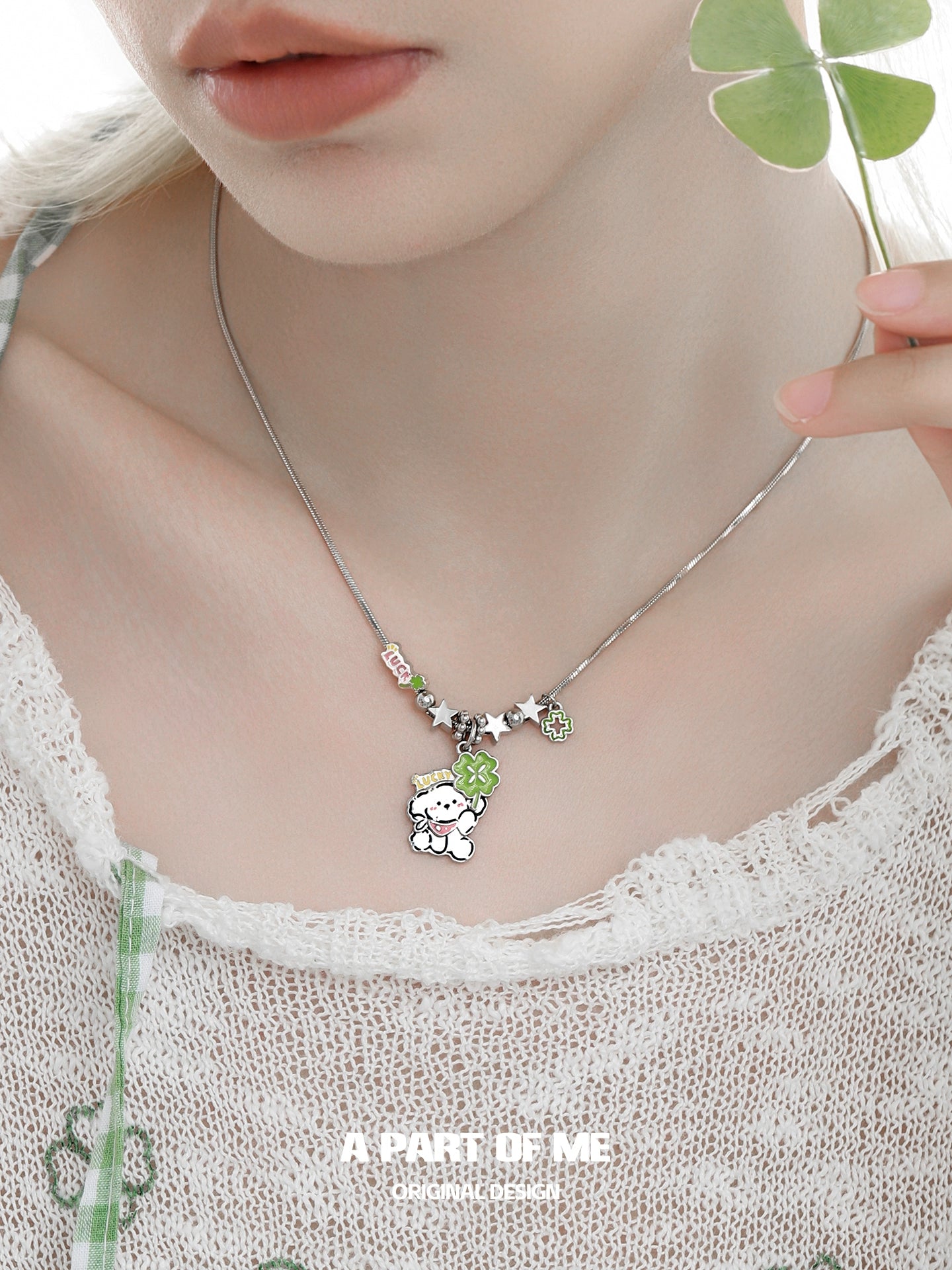 Lucky Clover Cat & Puppy Necklace