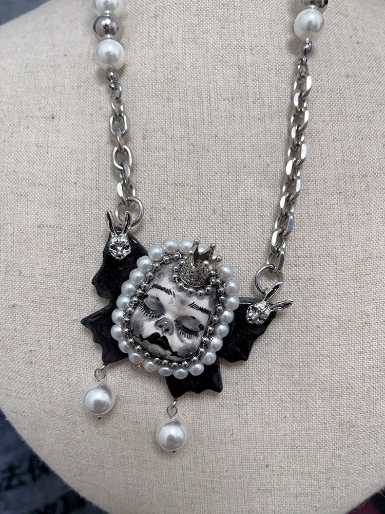 Necklaces-Ersan Tongsheng Original Design Pearl Titanium Steel Necklace Heavy Industry Diablo Goth Collarbone Chain Choker Vintage Doll