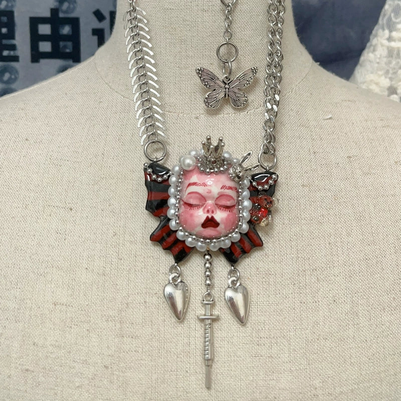 Necklaces-Ersan Tongsheng Original Handmade Clay Spice Girl Dark Butterfly Decadent Doll Niche Millennium Subculture Necklace