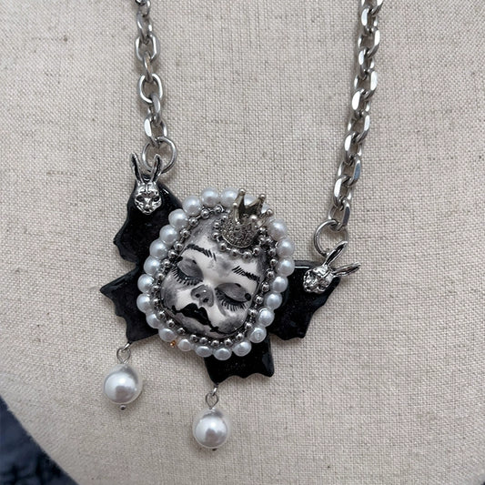 Necklaces-Ersan Tongsheng Original Design Pearl Titanium Steel Necklace Heavy Industry Diablo Goth Collarbone Chain Choker Vintage Doll