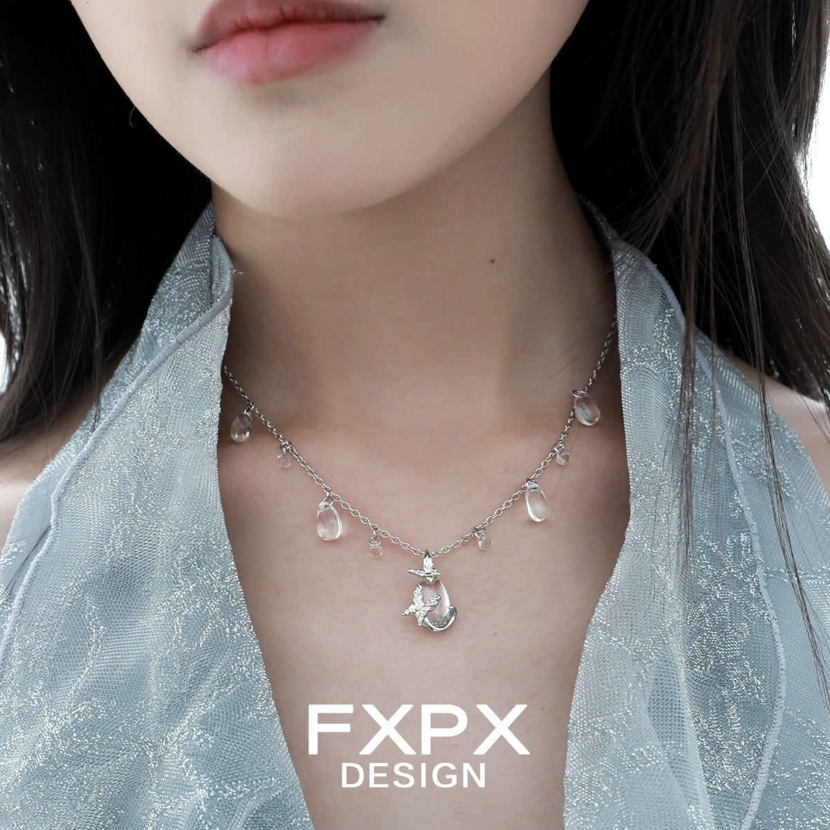 Butterfly Water Drop Silver Necklace