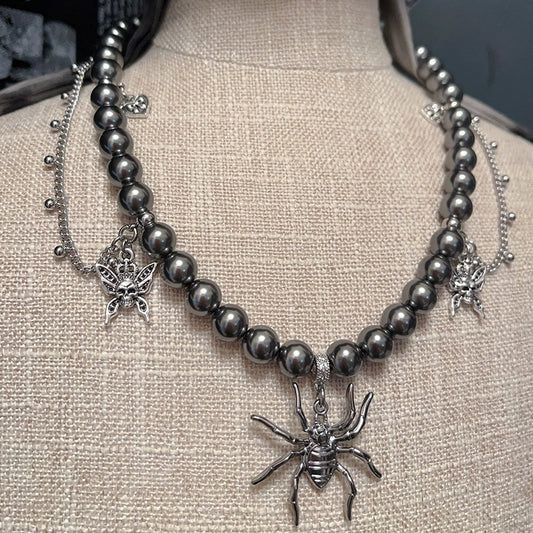 Necklaces-Ersan Tongsheng Original Grey Crystal Glass Pearl Spider Pendant Skull Pearl Splicing Punk Collarbone Chain
