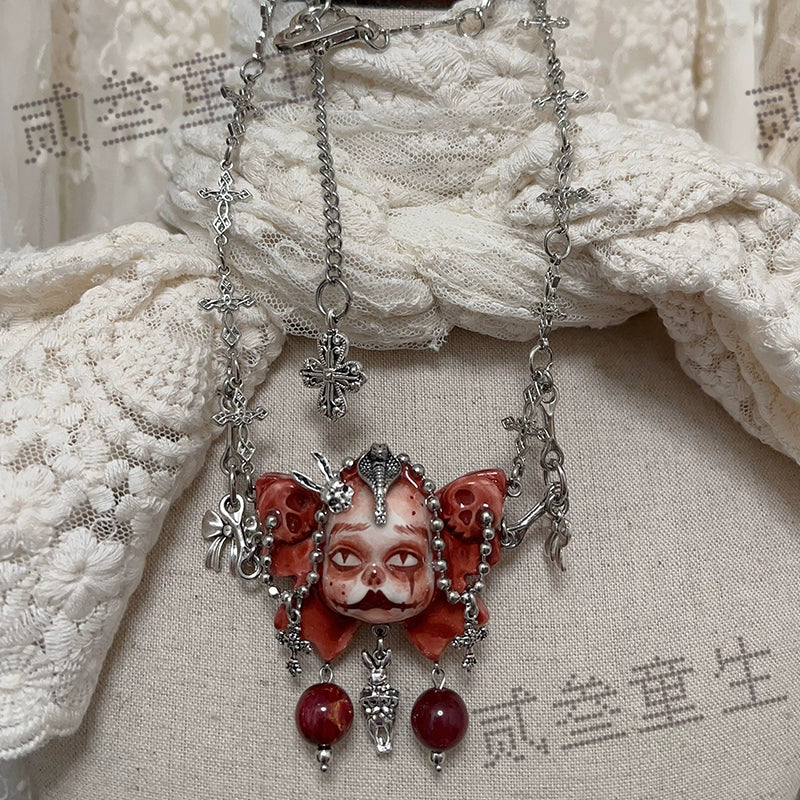 Necklaces-Ersan Tongsheng Original Handmade Clay Spice Girl Dark Butterfly Decadent Cross Doll Niche Subculture Necklace