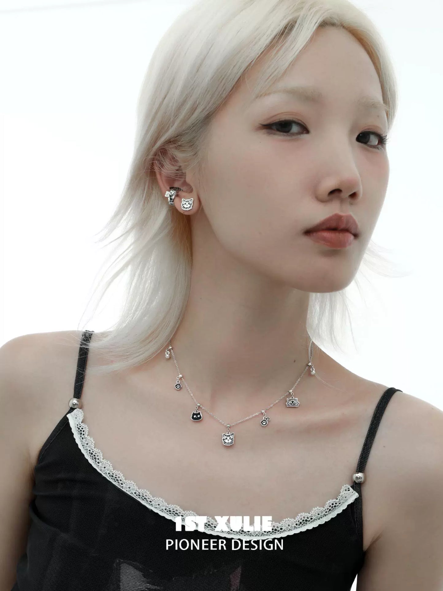 Necklaces-1STXULIE Graffiti Cat Sterling Silver Necklace Does Not Fade Original Niche Design Premium Clavicle Chain 2025 New