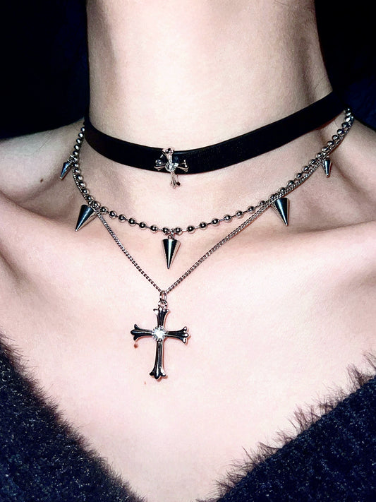 "Dark Iris" Cross Leather Necklace