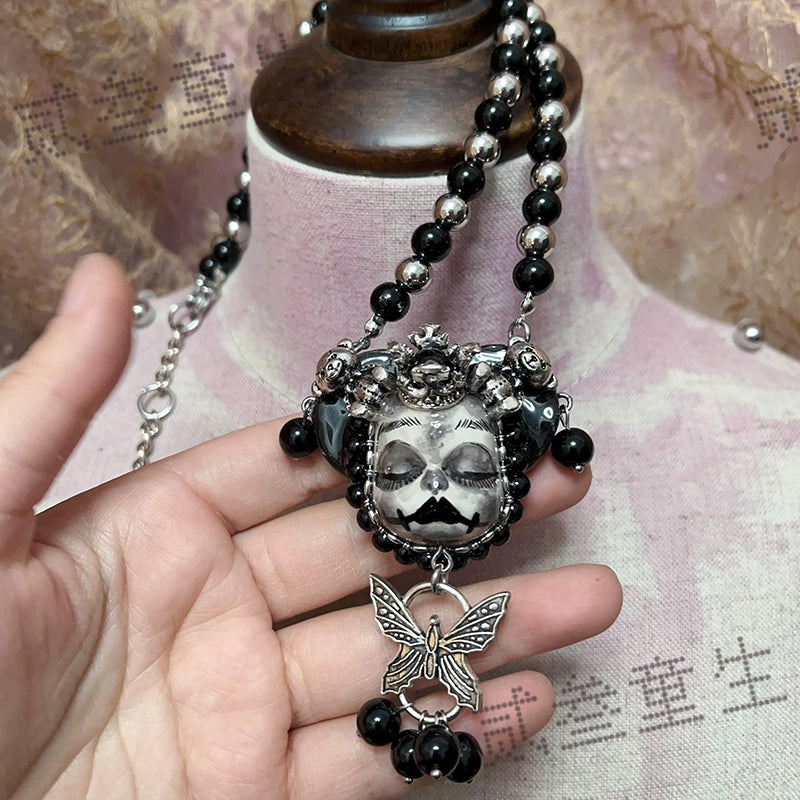 Necklaces-Ersan Tongsheng Original Handmade Doll Pendant Beaded Clavicle Chain Necklace Dark Subculture Black