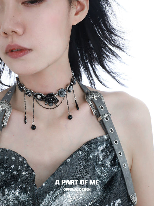 Black Flower Button Necklace