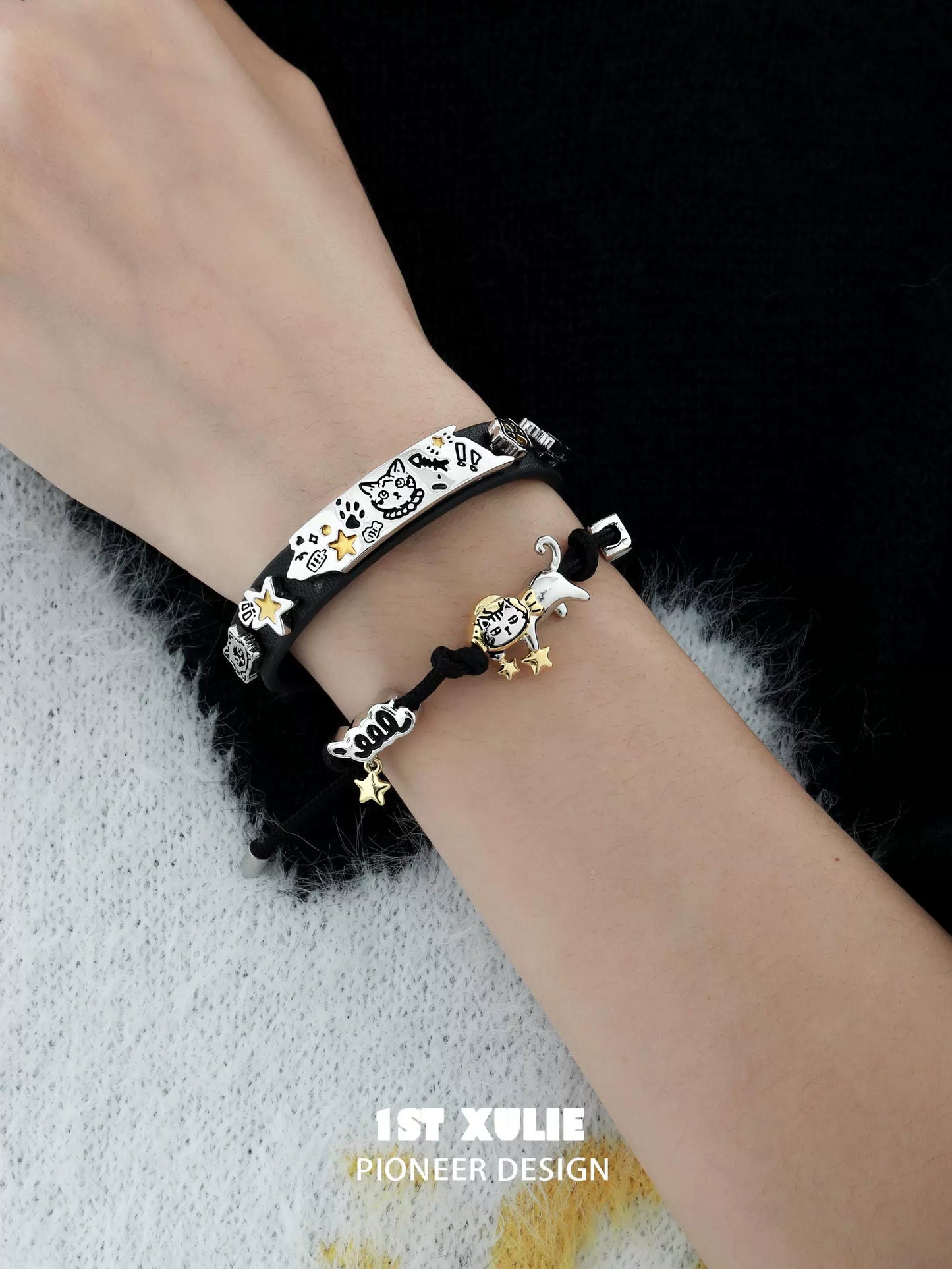 Black Cool Kitty Leather Bracelet