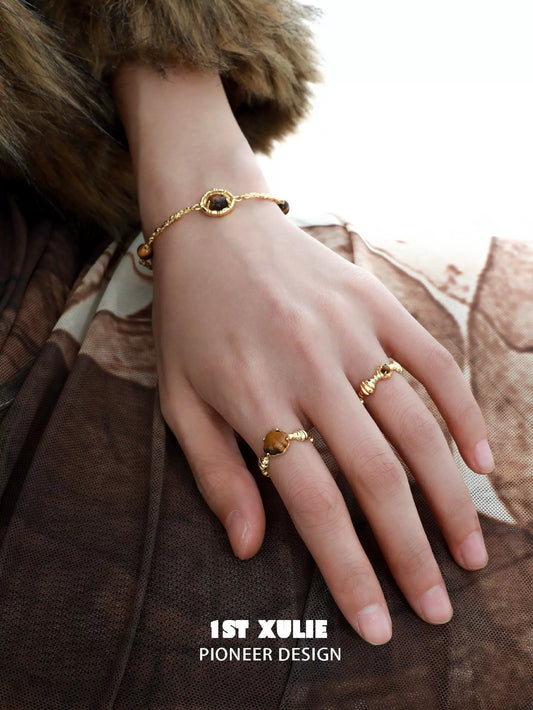 Retro Tiger Eye Shell Silver Bracelet