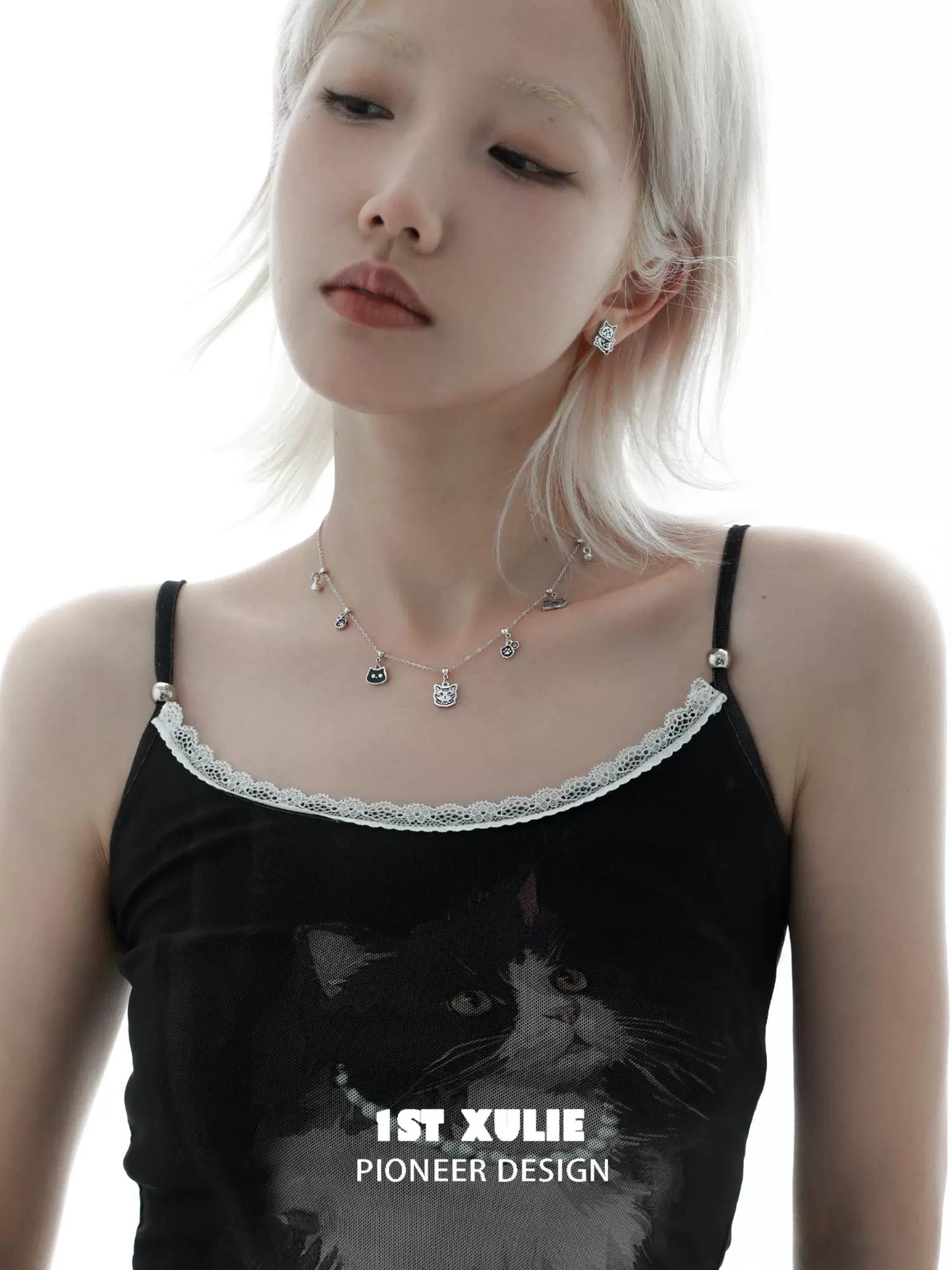 Necklaces-1STXULIE Graffiti Cat Sterling Silver Necklace Does Not Fade Original Niche Design Premium Clavicle Chain 2025 New