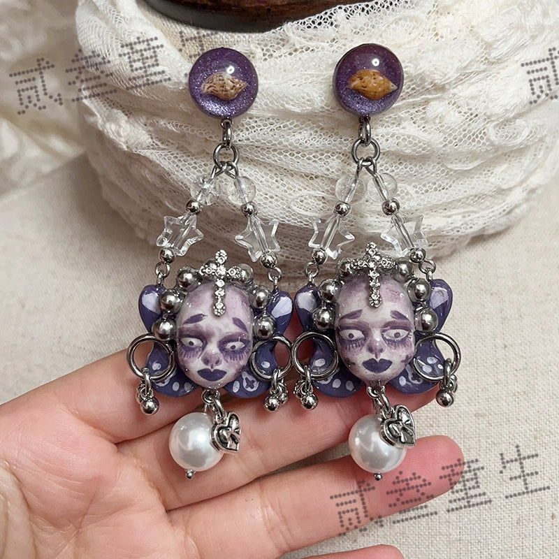 Earrings & Ear Cuffs - Original Handmade Dark Niche High Sense Spice Girls Purple Punk Dark Doll Earrings Earrings