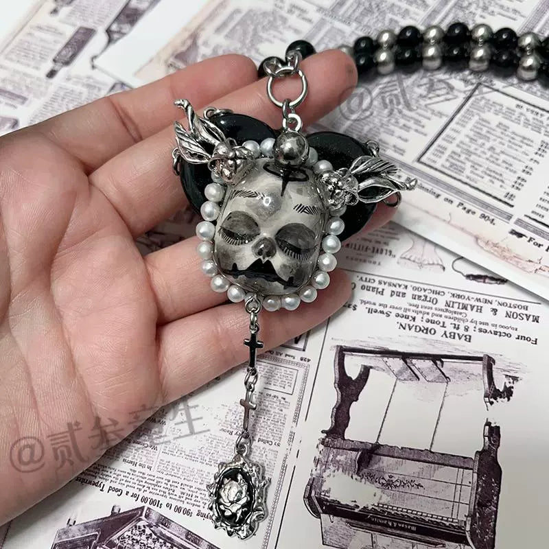 Necklaces-Ersan Tongsheng Original Design Black Grey Light Dark Niche Glass Bead Gothic Wind Pendant Necklace Clavicle Chain