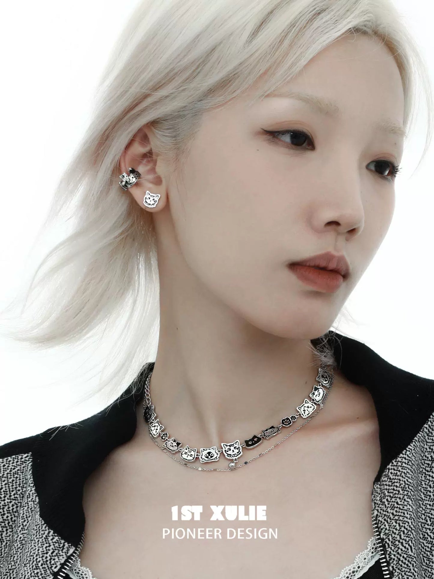 Necklaces-1STXULIE Graffiti Cat Double Necklace Original Niche Design Advanced Sweet Cool Clavicle Chain 2025 New