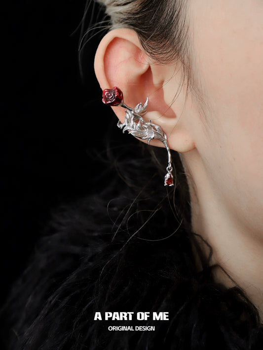 Blood Rose Feather Ear Cuff