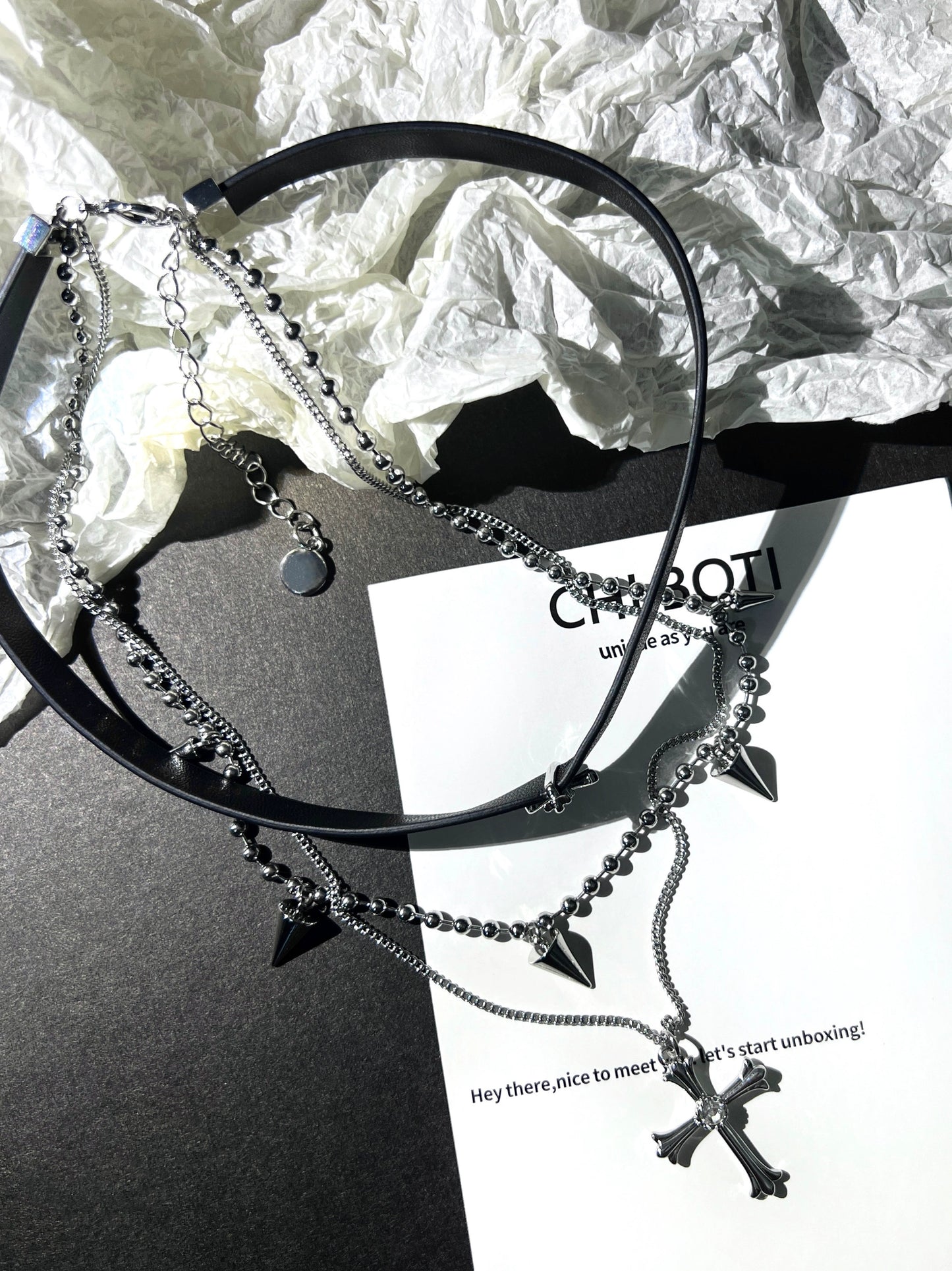 "Dark Iris" Cross Leather Necklace
