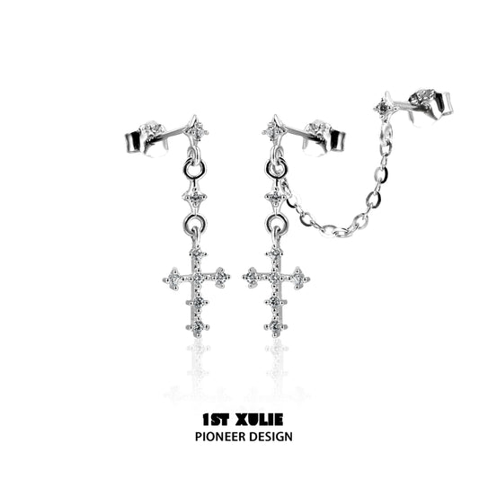 Futuristic Chain Cross Silver Earrings