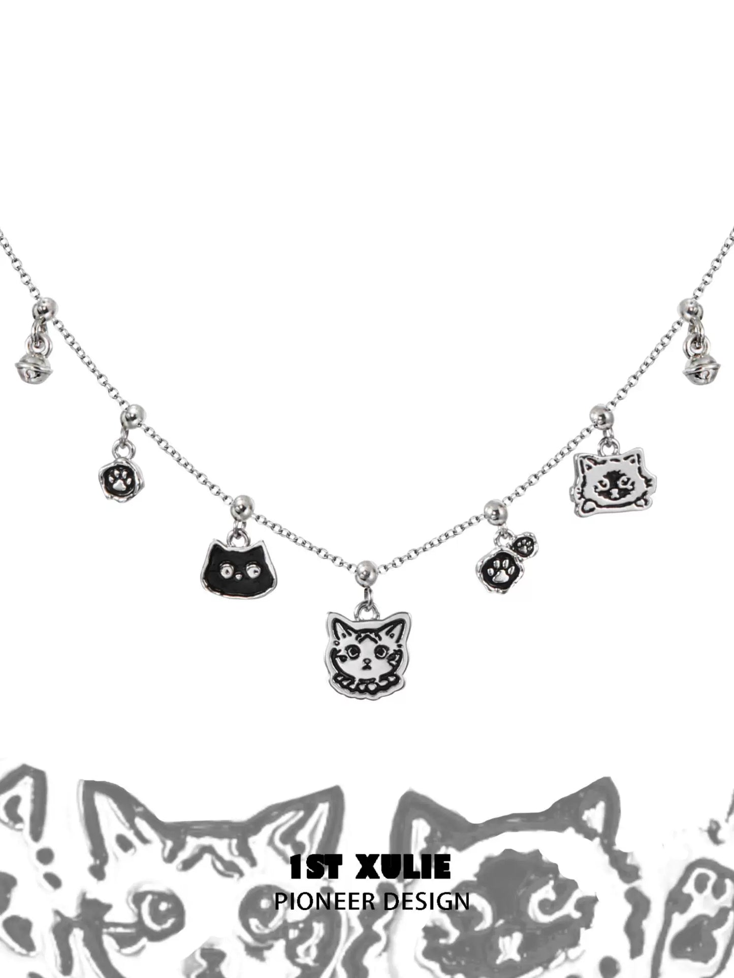 Necklaces-1STXULIE Graffiti Cat Sterling Silver Necklace Does Not Fade Original Niche Design Premium Clavicle Chain 2025 New