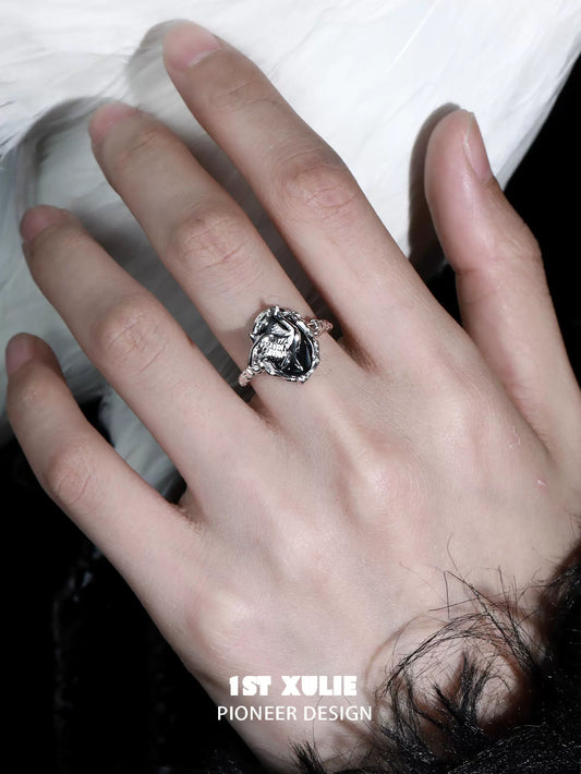 Gothic Dark Crane Totem Silver Ring