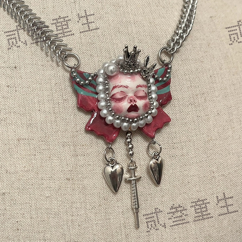 Necklaces-Ersan Tongsheng Original Handmade Clay Spice Girl Butterfly Goth Dark Wind Doll Niche Millennium Subculture Necklace