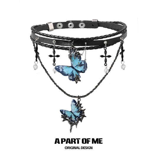 Blue Butterfly Leather Necklace