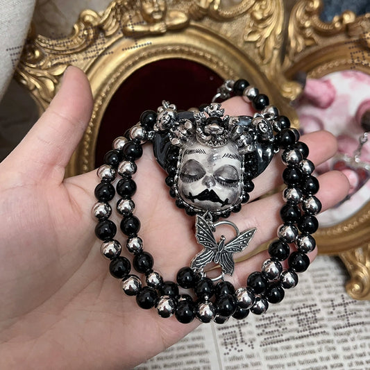 Necklaces-Ersan Tongsheng Original Handmade Doll Pendant Beaded Clavicle Chain Necklace Dark Subculture Black