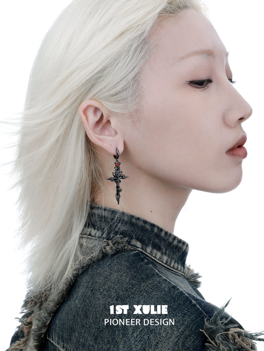 Y2K Crimson Rose Cross Earrings