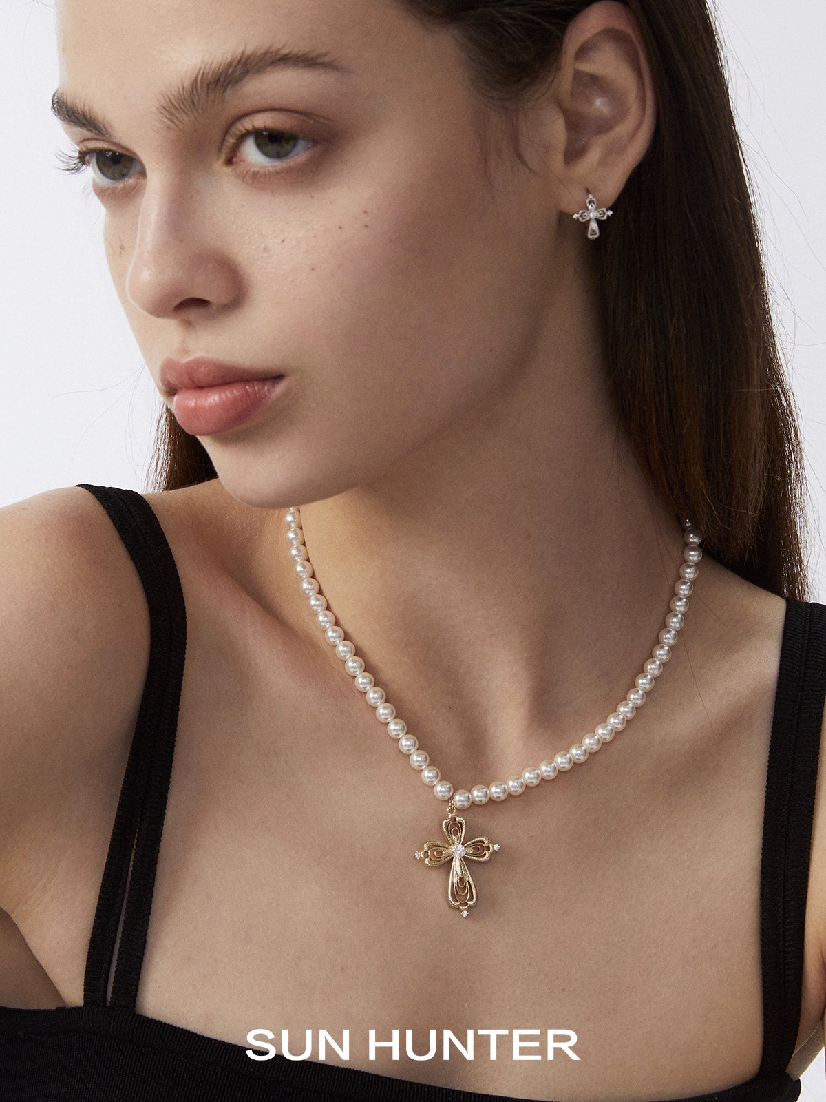 Vintage Cross Pearl Clavicle Necklace